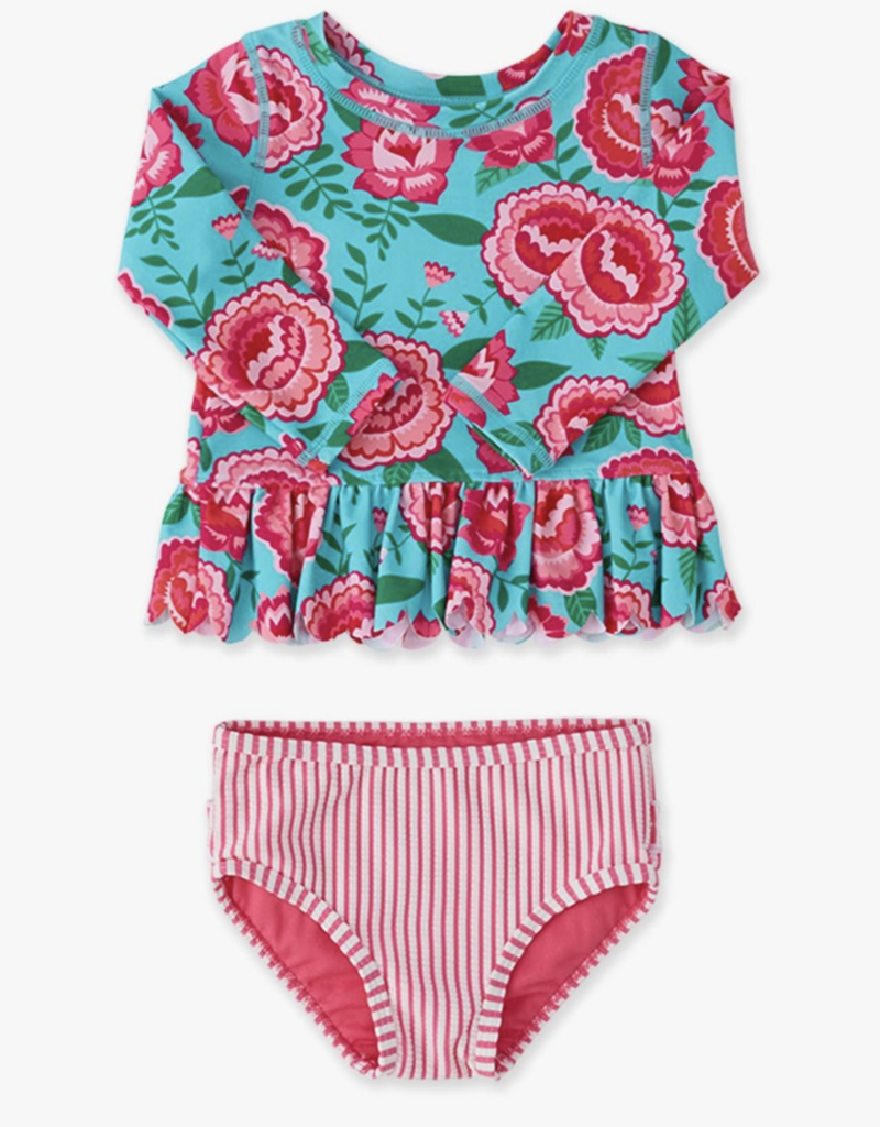 RuffleButts Bright Blossoms Scallop Hem L/S Rashguard 2-Piece w/Ruffles