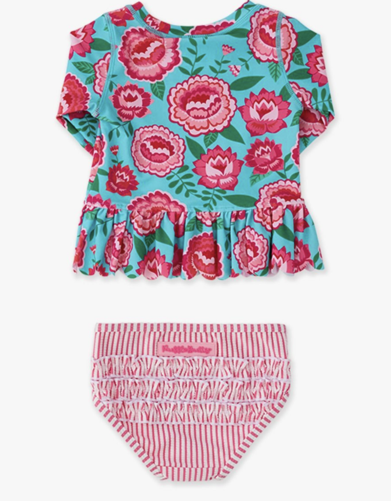 RuffleButts Bright Blossoms Scallop Hem L/S Rashguard 2-Piece w/Ruffles