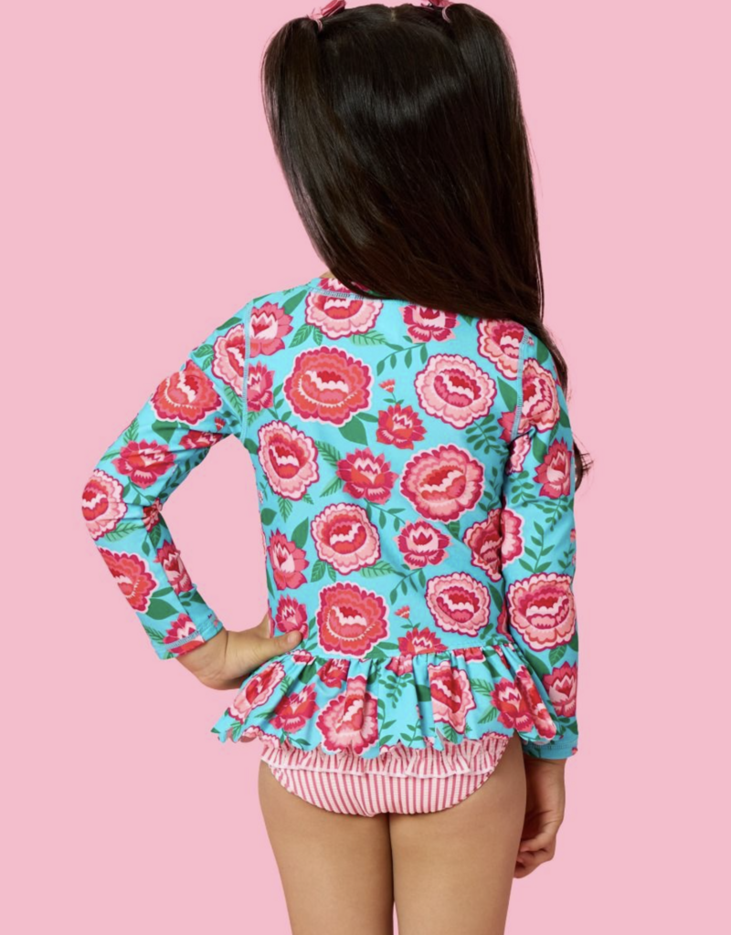 RuffleButts Bright Blossoms Scallop Hem L/S Rashguard 2-Piece w/Ruffles
