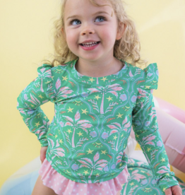RuffleButts Coconut Cabana Flutter L/S Rashguard Skirted 2-Piece