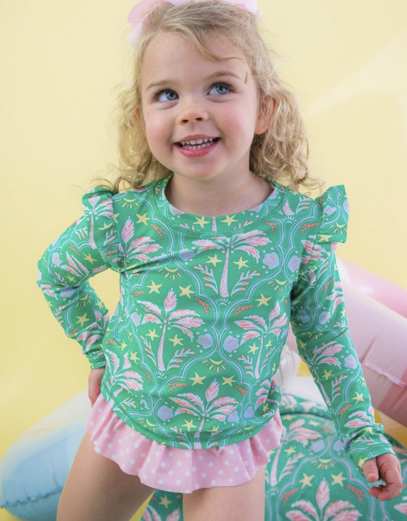 RuffleButts Coconut Cabana Flutter L/S Rashguard Skirted 2-Piece