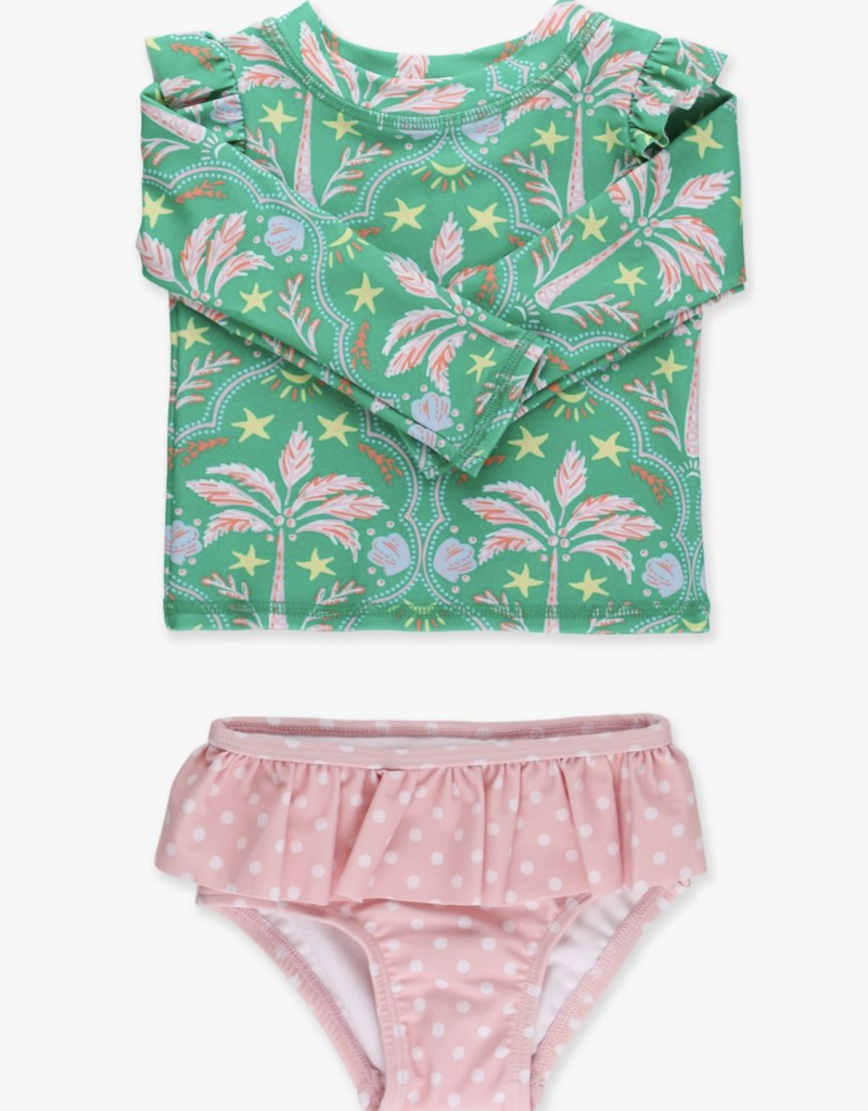 RuffleButts Coconut Cabana Flutter L/S Rashguard Skirted 2-Piece