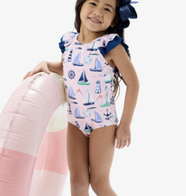 RuffleButts Pink Sweet Sails Bow V-Back Swimsuit