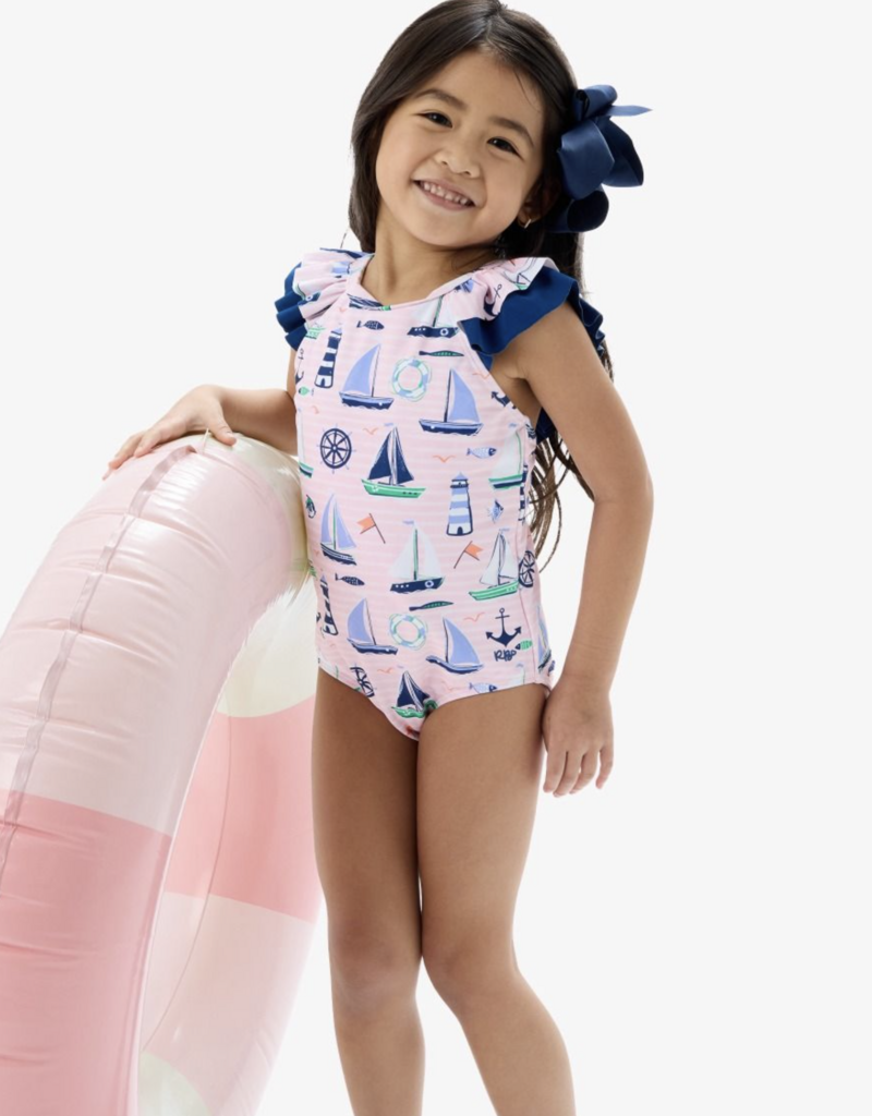 RuffleButts Pink Sweet Sails Bow V-Back Swimsuit