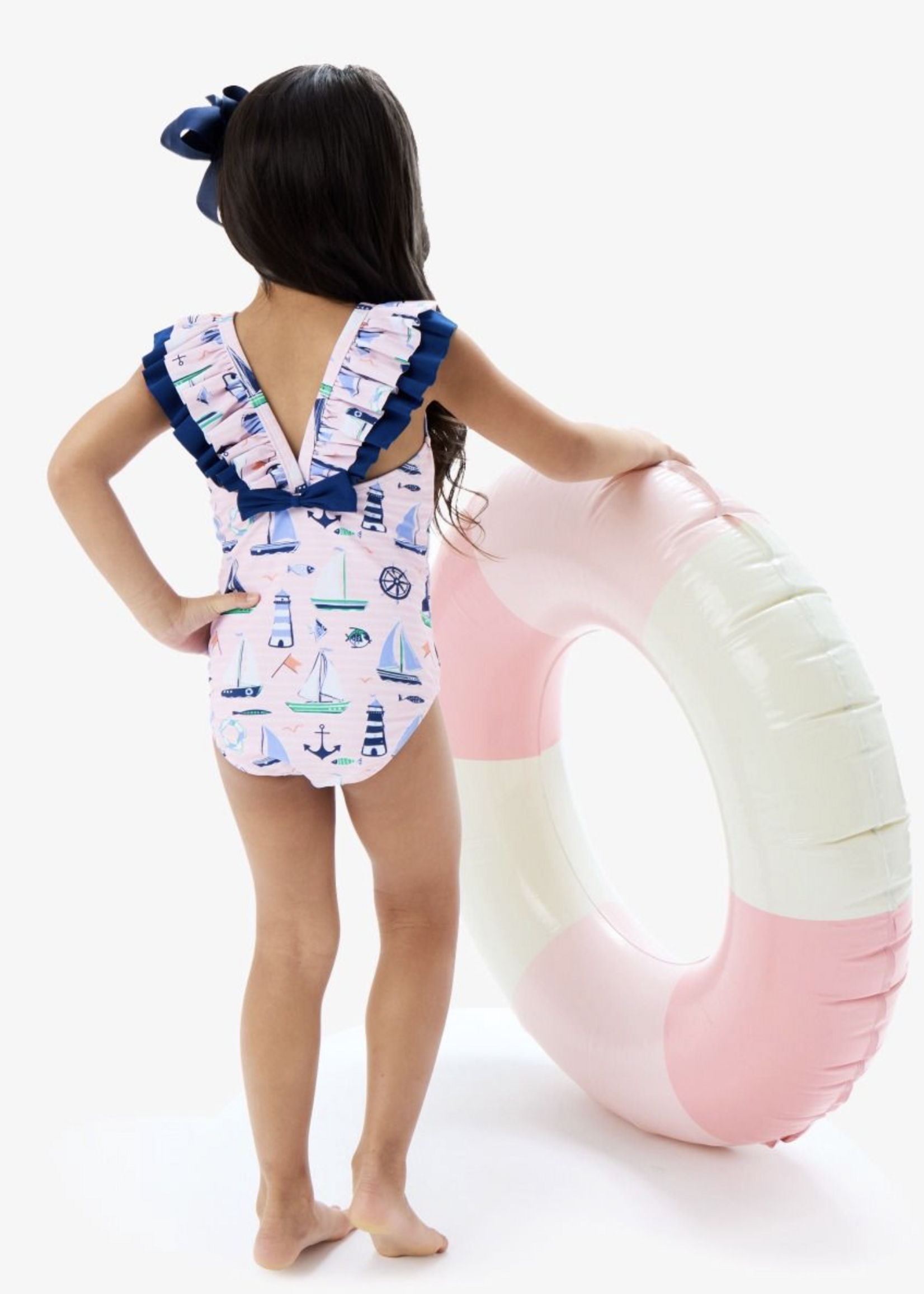 RuffleButts Pink Sweet Sails Bow V-Back Swimsuit