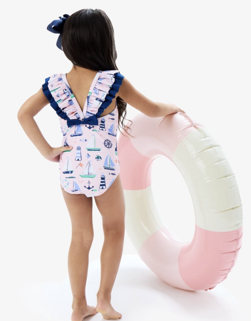 RuffleButts Pink Sweet Sails Bow V-Back Swimsuit