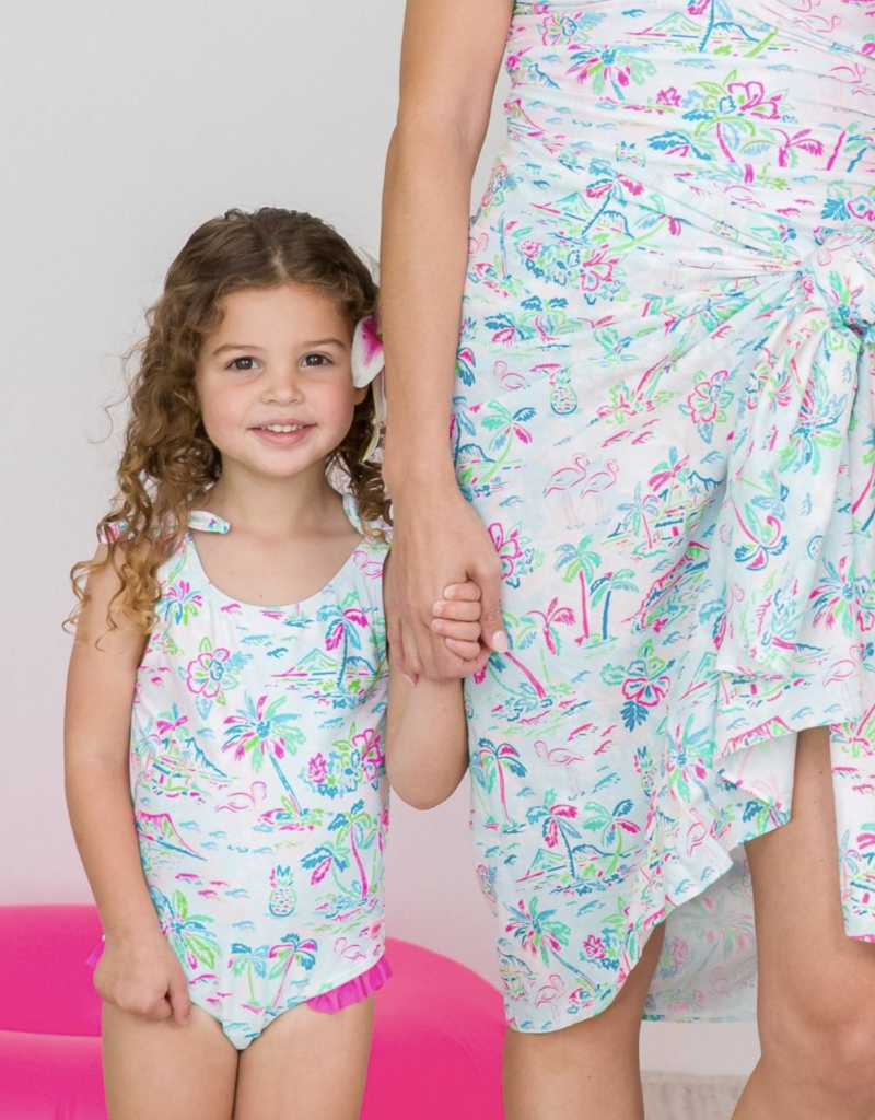 RuffleButts Tropical Resort Tie Shoulder Swimsuit