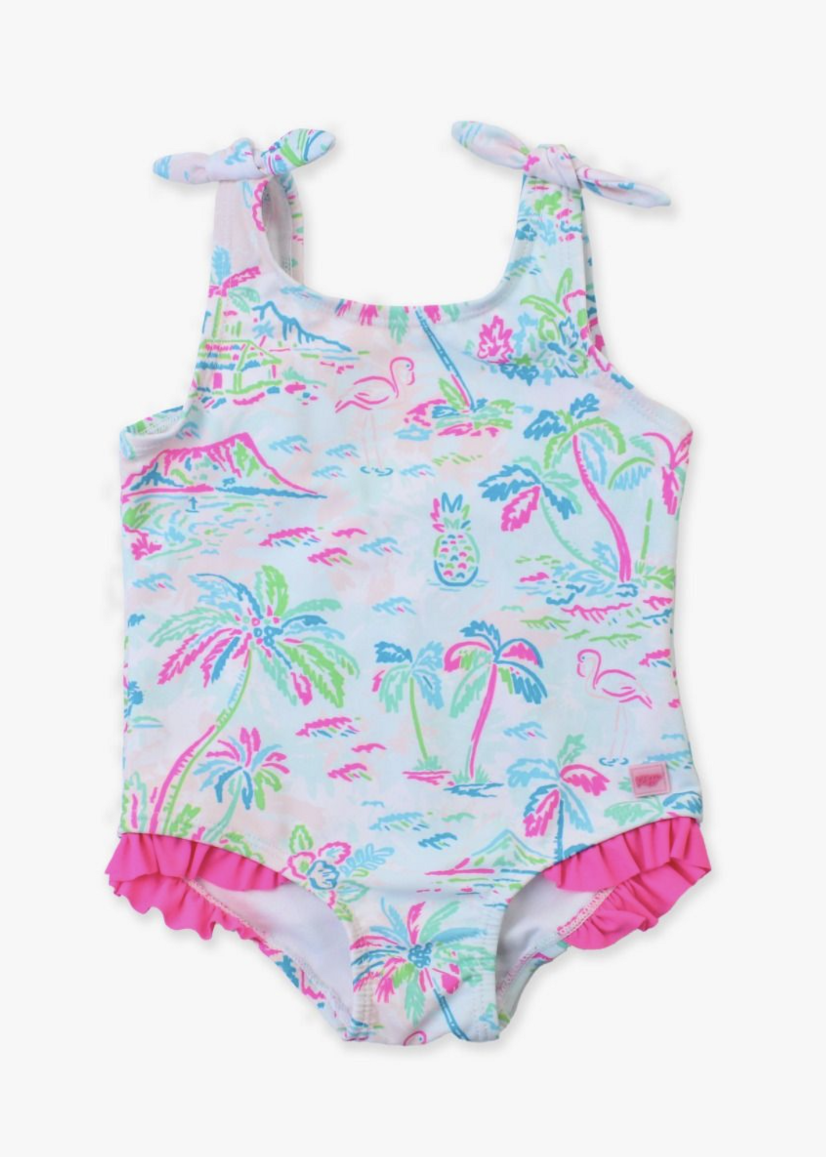 RuffleButts Tropical Resort Tie Shoulder Swimsuit