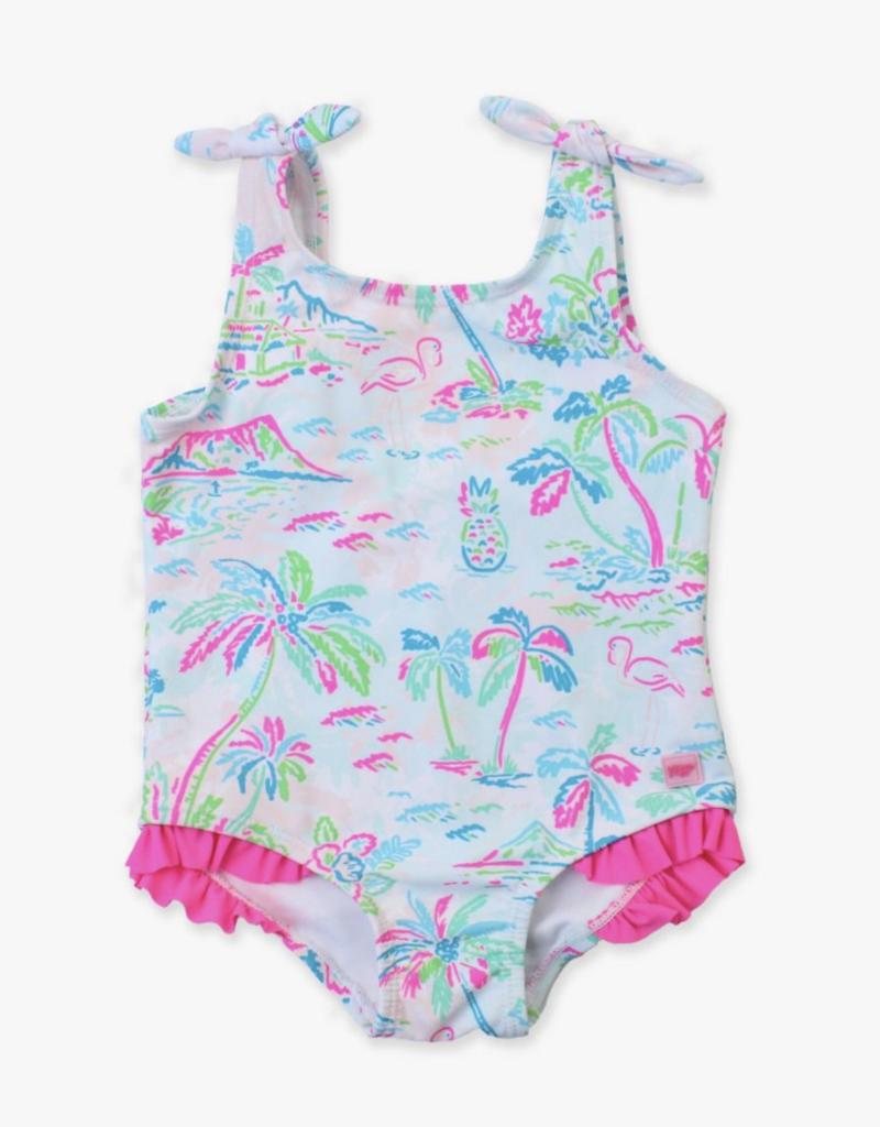 RuffleButts Tropical Resort Tie Shoulder Swimsuit