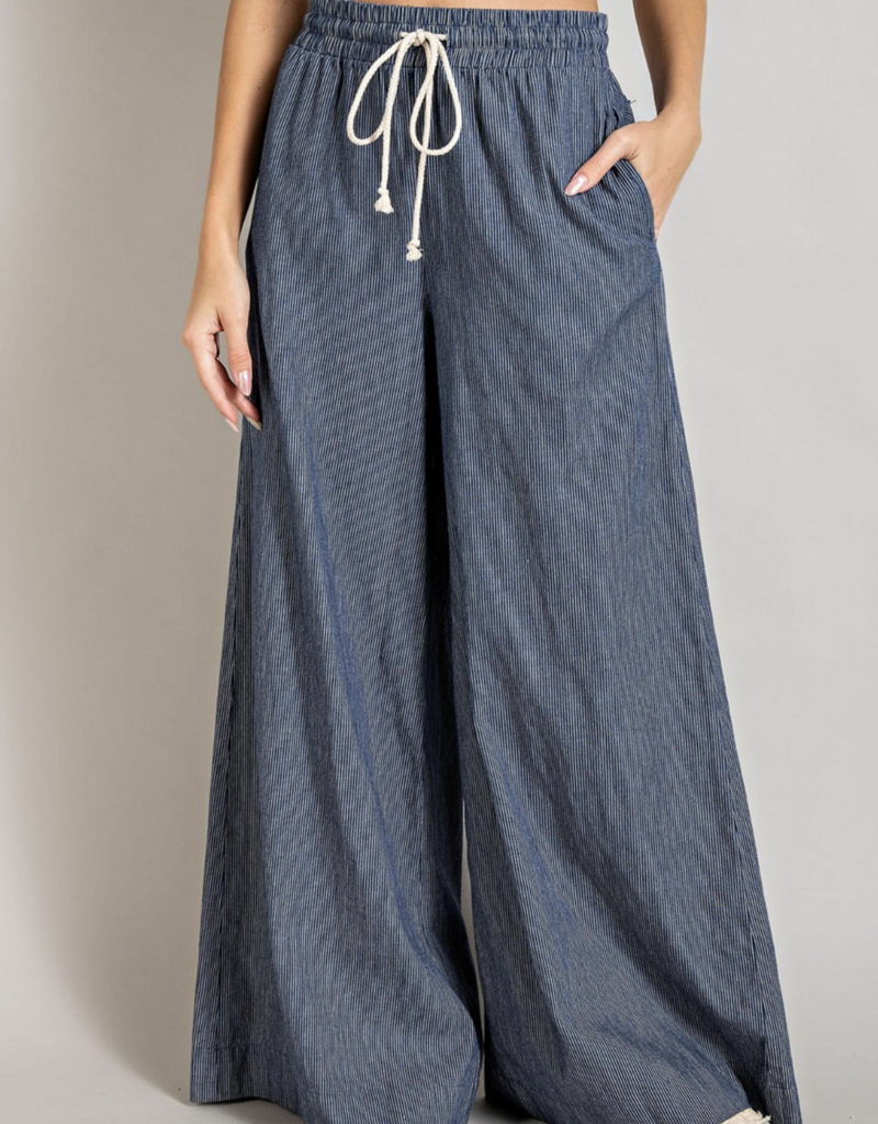 ee:some Washed Pinstriped Tie Waist Wide Leg Pants Denim