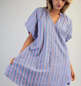 ee:some V-Neck Striped Puff Sleeve Mini Dress Cobalt Cherry