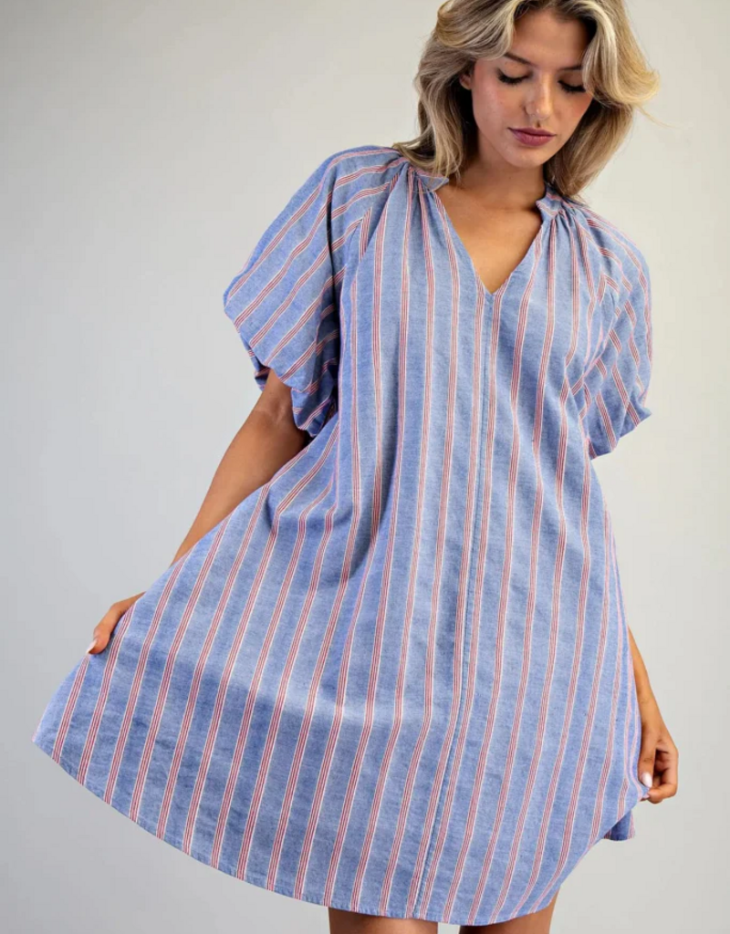 ee:some V-Neck Striped Puff Sleeve Mini Dress Cobalt Cherry