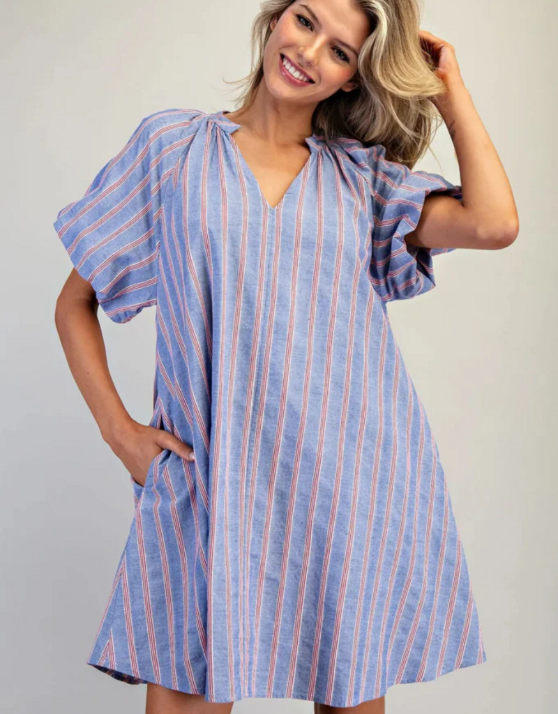 ee:some V-Neck Striped Puff Sleeve Mini Dress Cobalt Cherry