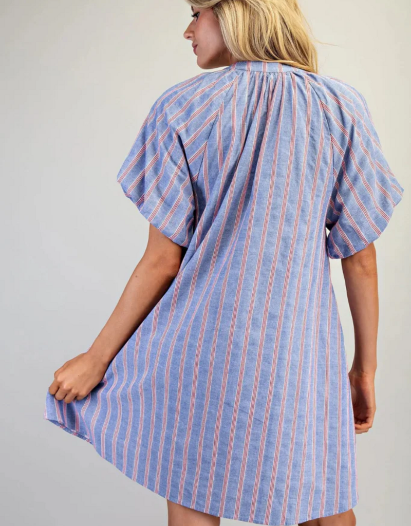 ee:some V-Neck Striped Puff Sleeve Mini Dress Cobalt Cherry