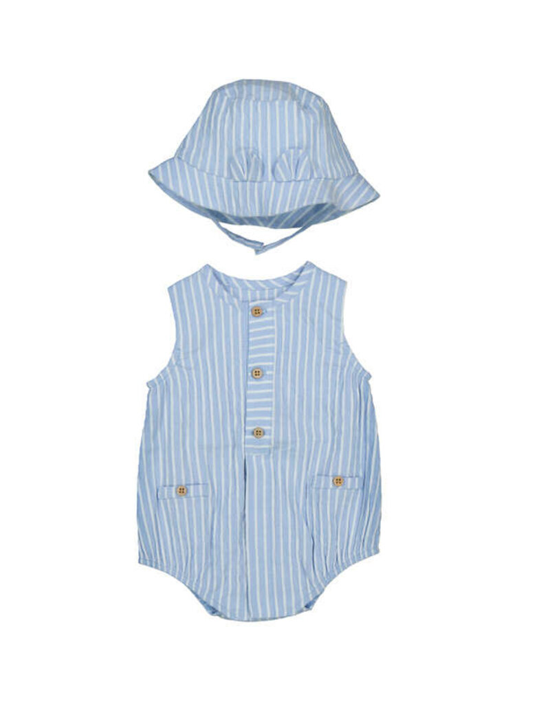 Mayoral Sky Blue Stripe Sleeveless Romper w/Hat