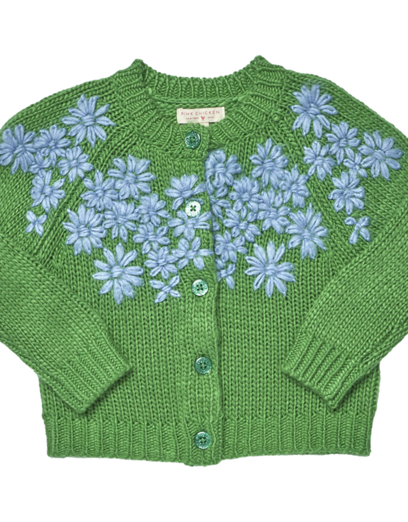 Pink Chicken girls blossom sweater - blue flower embroidery