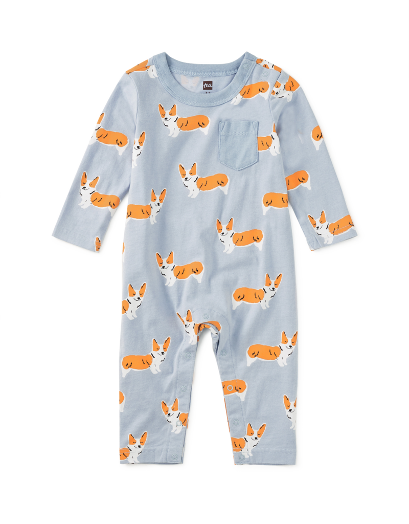 Tea Collection L/S POCKET BABY ROMPER CUTIE CORGIS