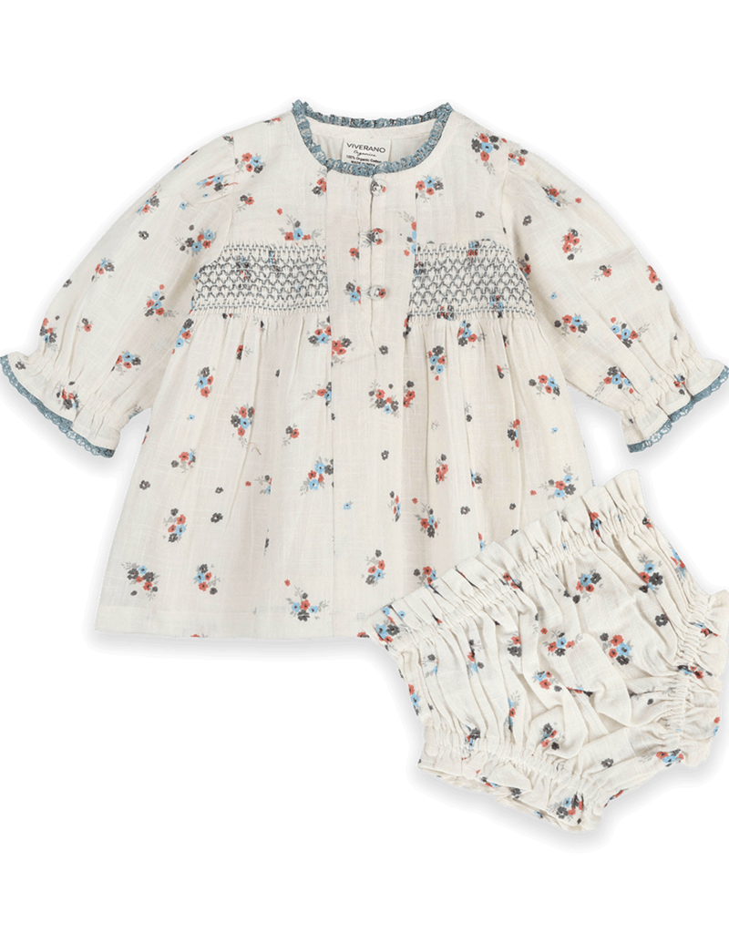 Viverano Juliet Smocked Floral Baby Dress Bloomer Set Organic
