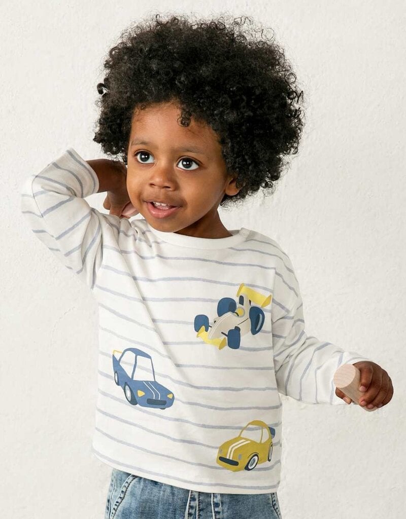 Mayoral L/S Stripe Tee Car Print Sky Blue