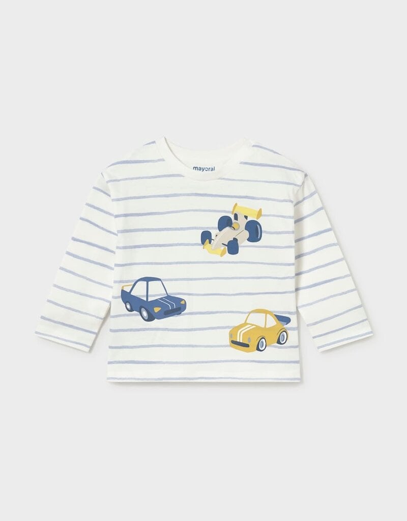 Mayoral L/S Stripe Tee Car Print Sky Blue