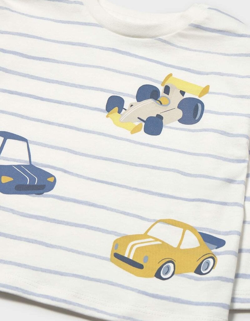 Mayoral L/S Stripe Tee Car Print Sky Blue