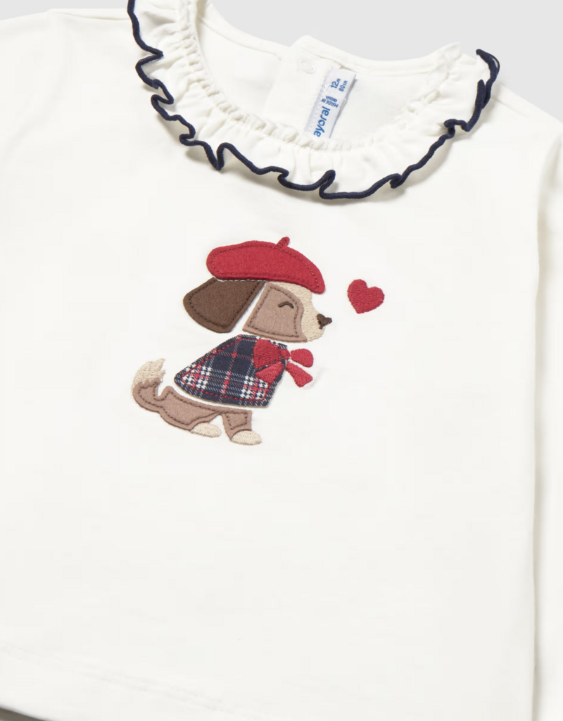 Mayoral L/S White Collard Top w/Puppy Applique