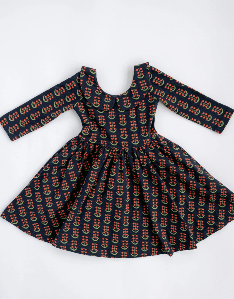 Good Apples Kids 3/4 Sleeve Twirl Dress Navy Floral Collared