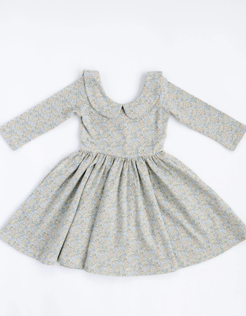 Good Apples Kids 3/4 Sleeve Twirl Dress Blue Watercolor Floral Collared