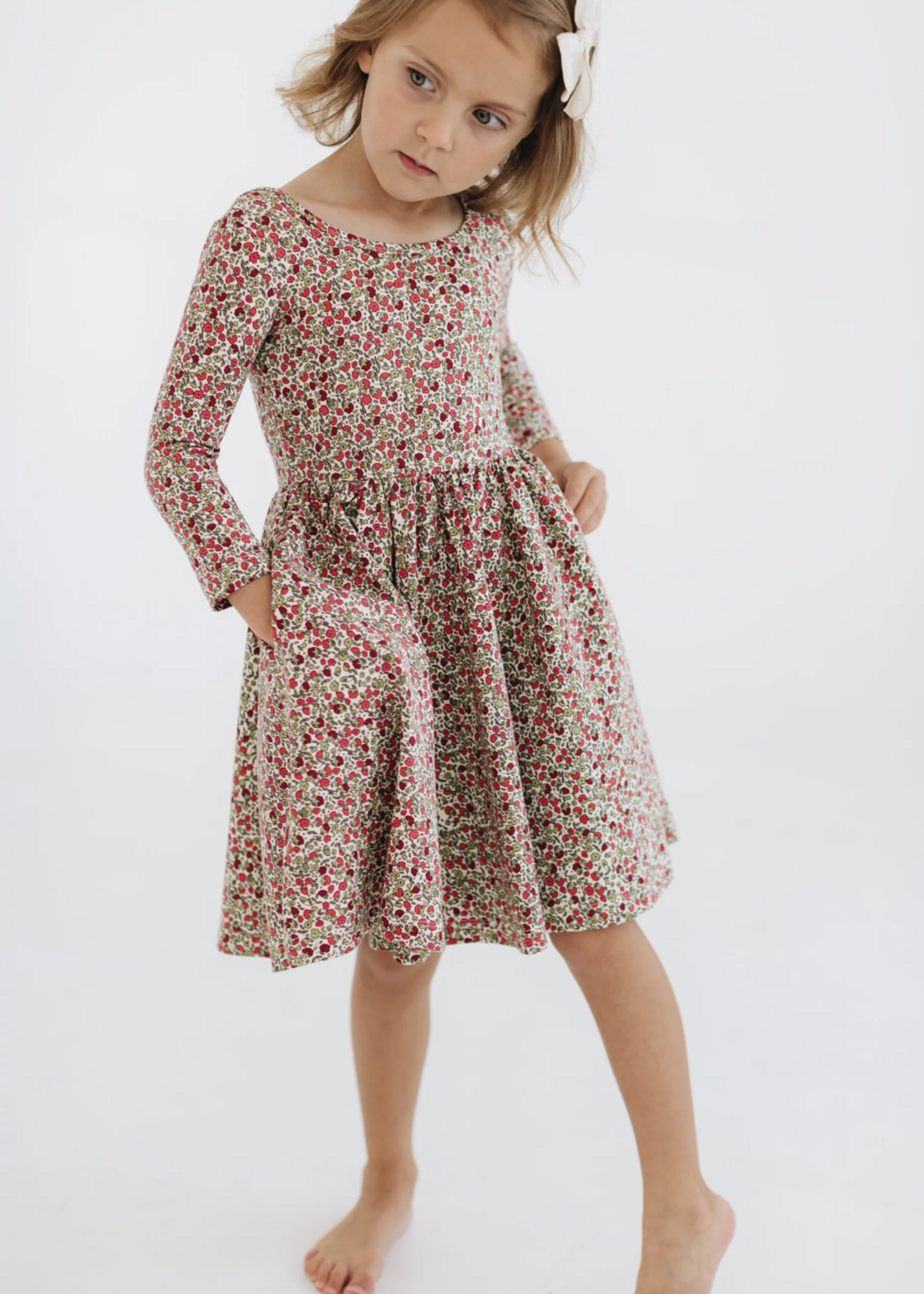 Good Apples Kids 3/4 Sleeve Twirl Dress Crimson Flora Collared