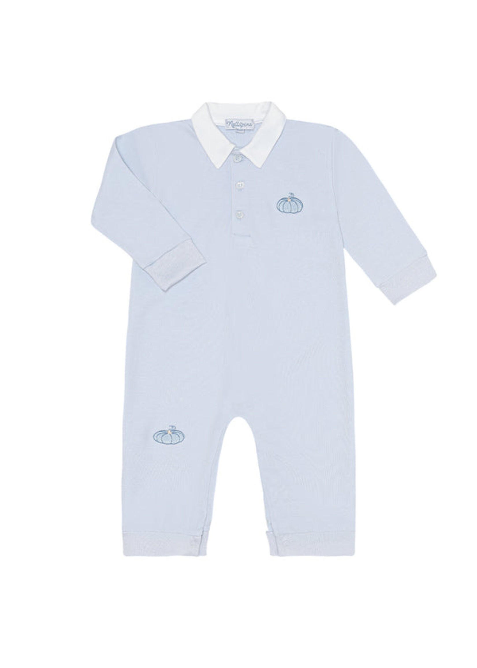 Nellapima Blue Pumpkin Patch Embroidered Romper LS