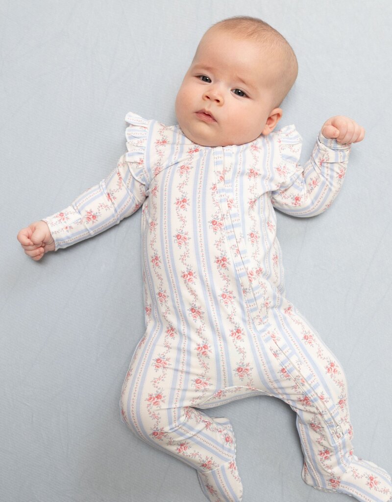 Angel Dear Anna Floral Stripe 2 Way Ruffle Sleeve Zipper Footie