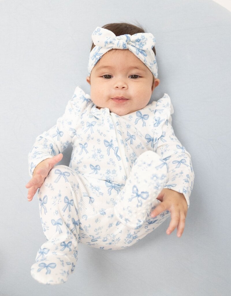 Angel Dear Blue Bows Flowers 2 Way Ruffle Sleeve Zipper Footie