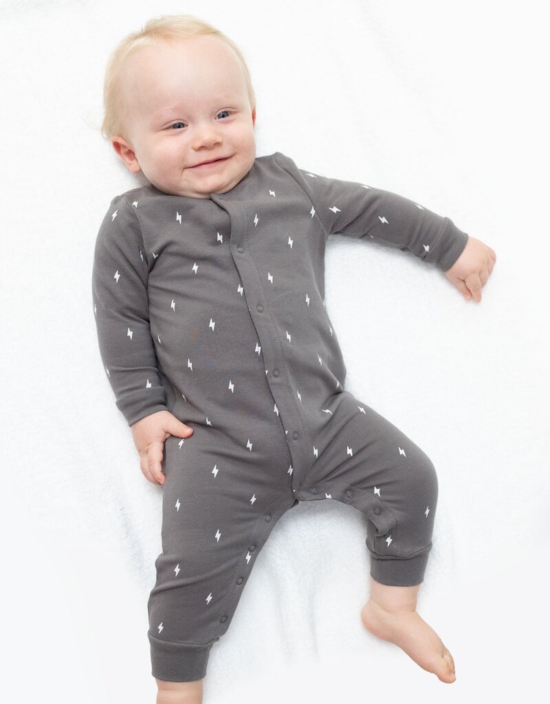 Angel Dear Lightning Bolt French Terry Baseball Collar Button Up Romper