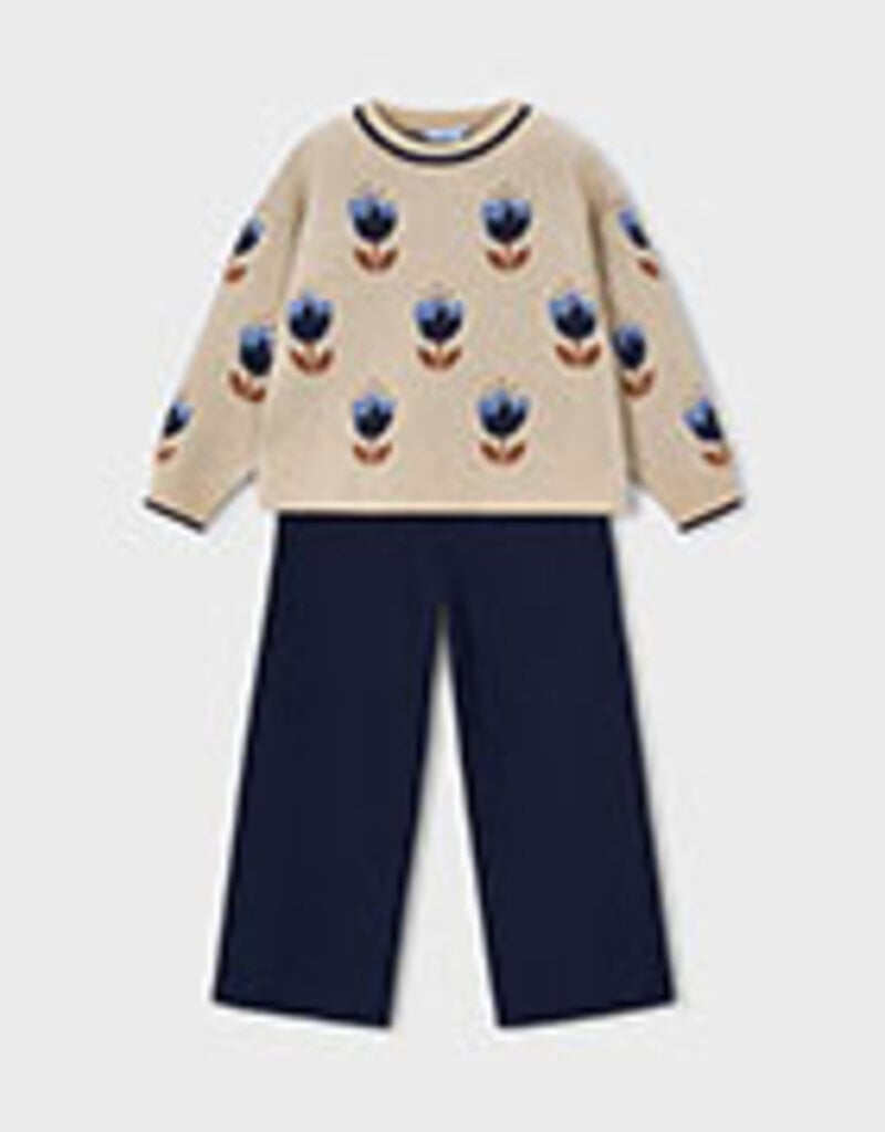 Mayoral Tulip Print Sweater/Navy Knit Pant Set