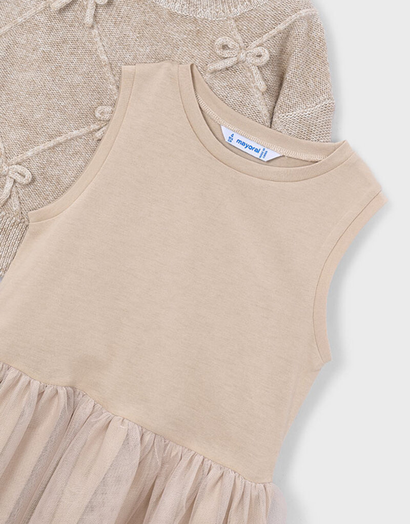 Mayoral Beige Sweater Dress w/Tulle Skirt