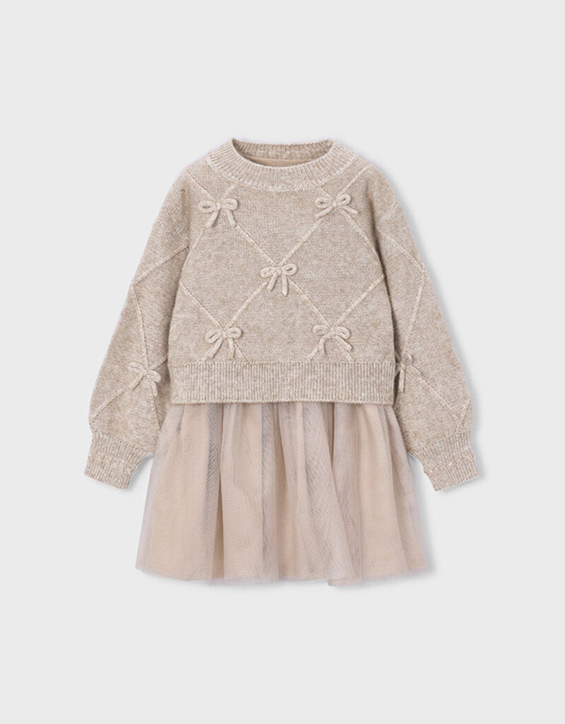 Mayoral Beige Sweater Dress w/Tulle Skirt