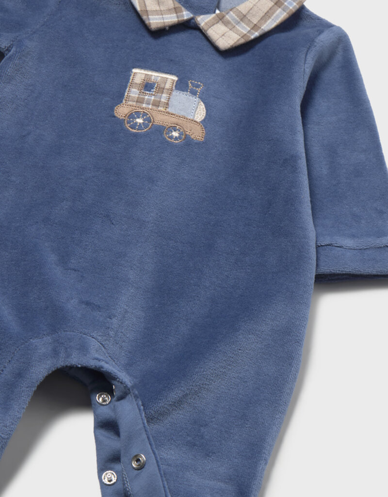 Mayoral Velour Blue Footie w/Train Applique