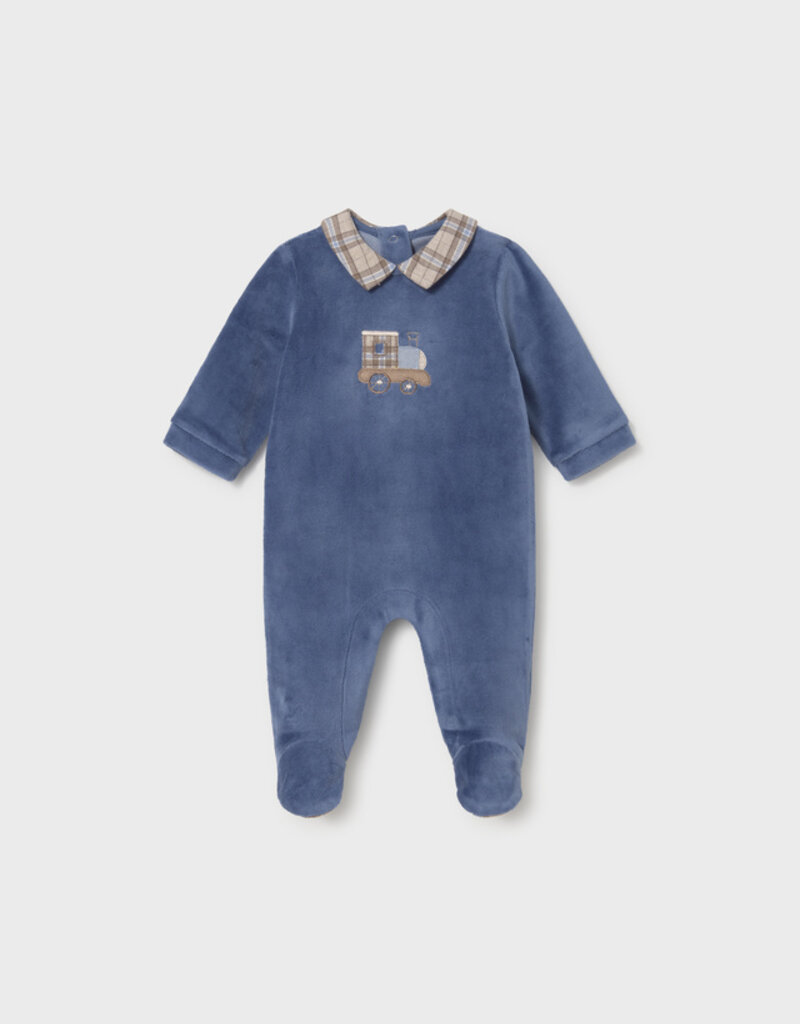 Mayoral Velour Blue Footie w/Train Applique