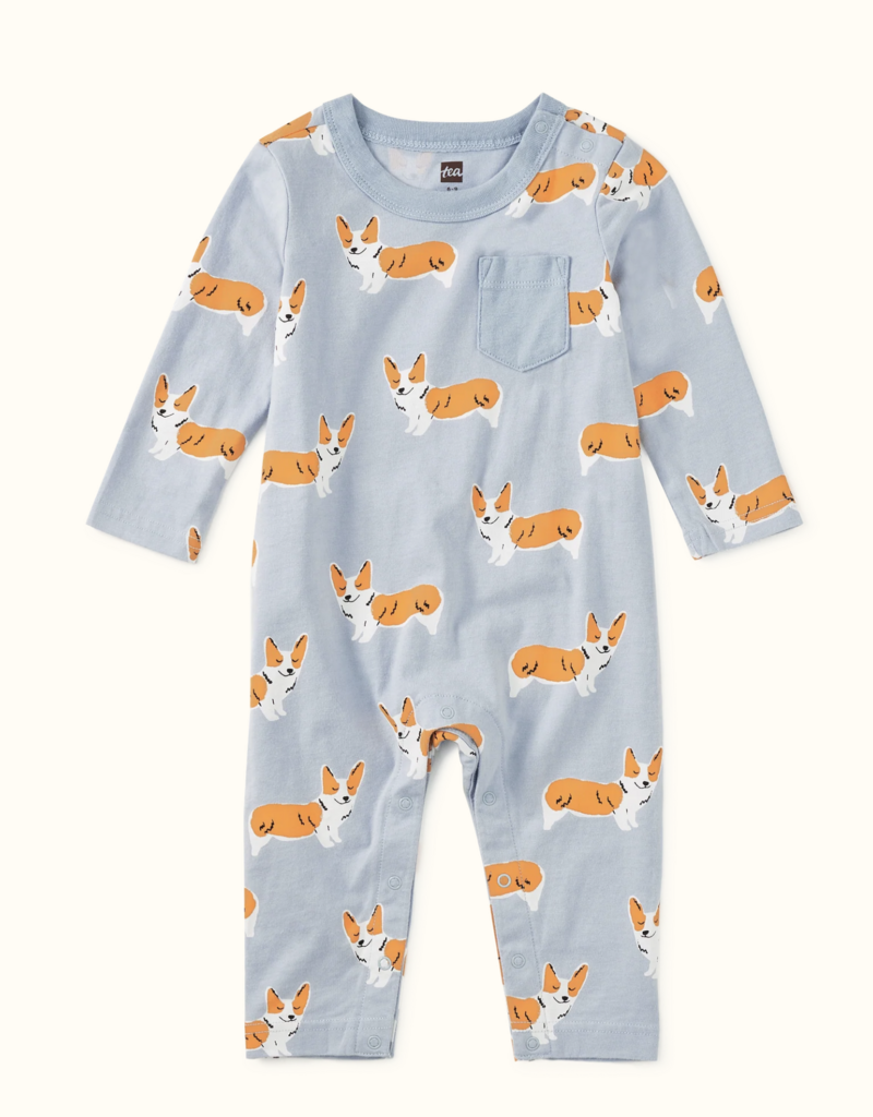Tea Collection L/S POCKET BABY ROMPER CUTIE CORGIS