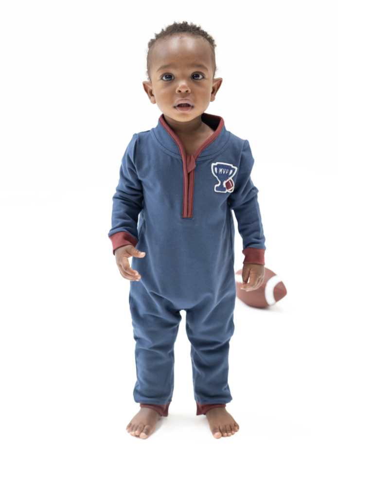 Angel Dear Varsity French Terry Zip Neck Romper