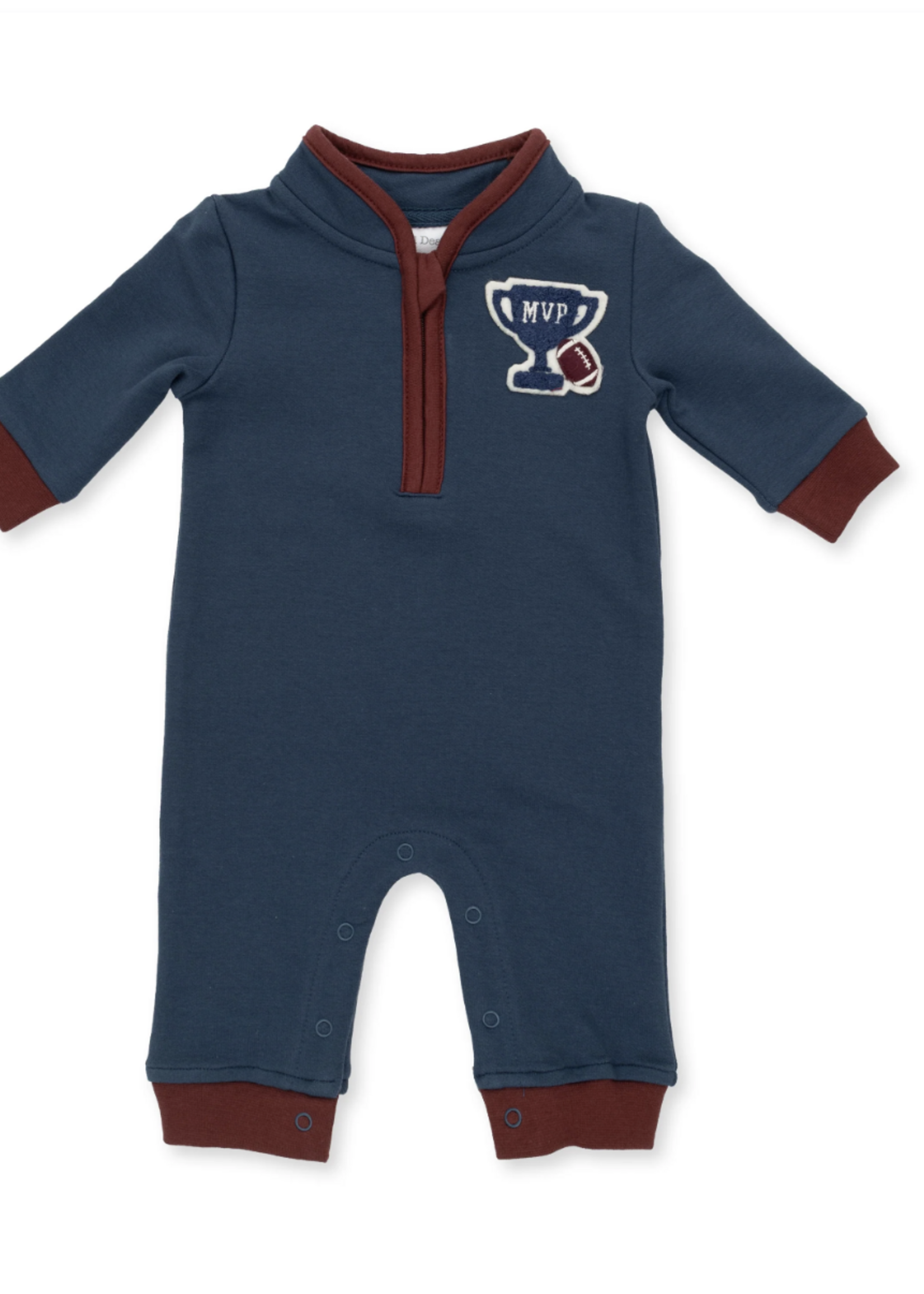 Angel Dear Varsity French Terry Zip Neck Romper