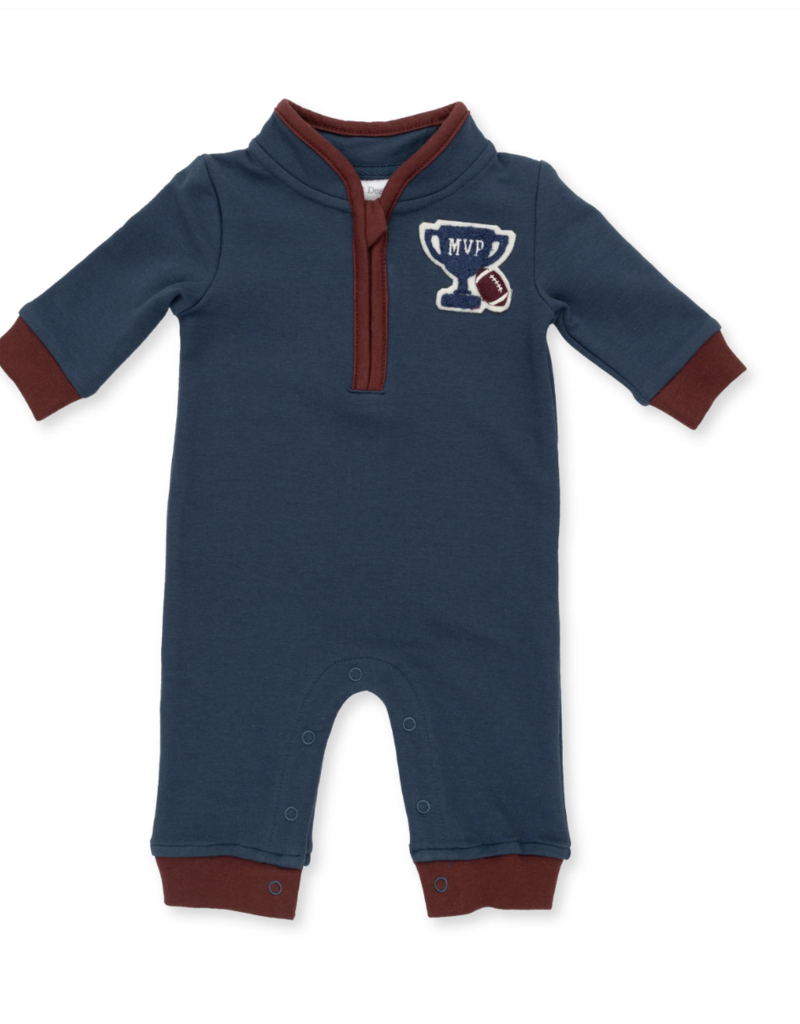 Angel Dear Varsity French Terry Zip Neck Romper