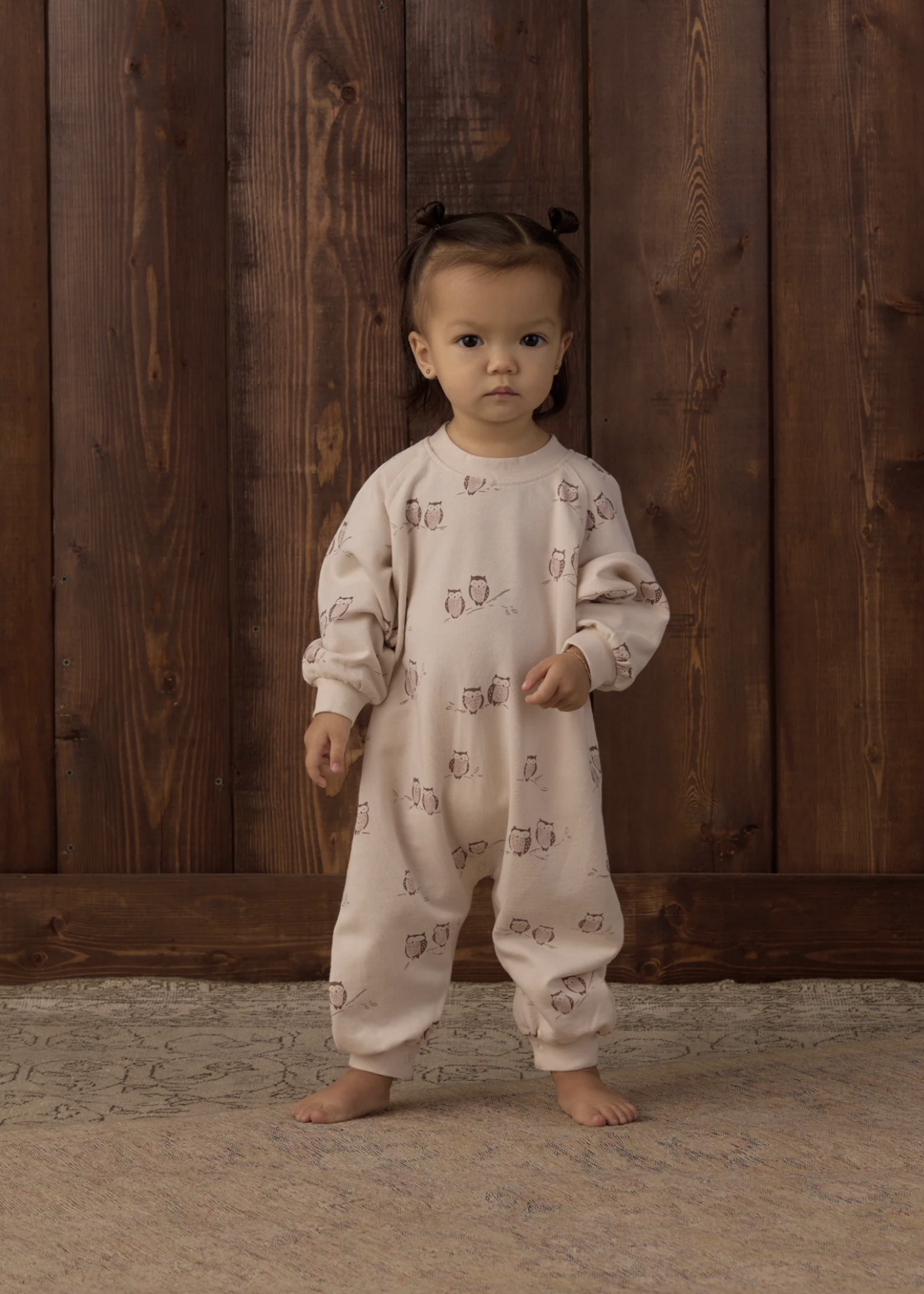 Rylee + Cru LLC RAGLAN JUMPSUIT OWLS PETAL