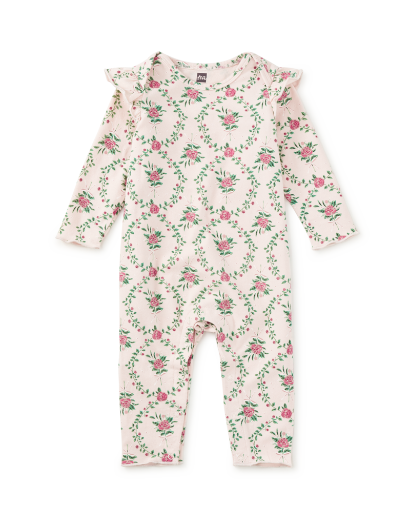 Tea Collection RUFFLE SHOULDER BABY ROMPER WALLPAPER FLORAL