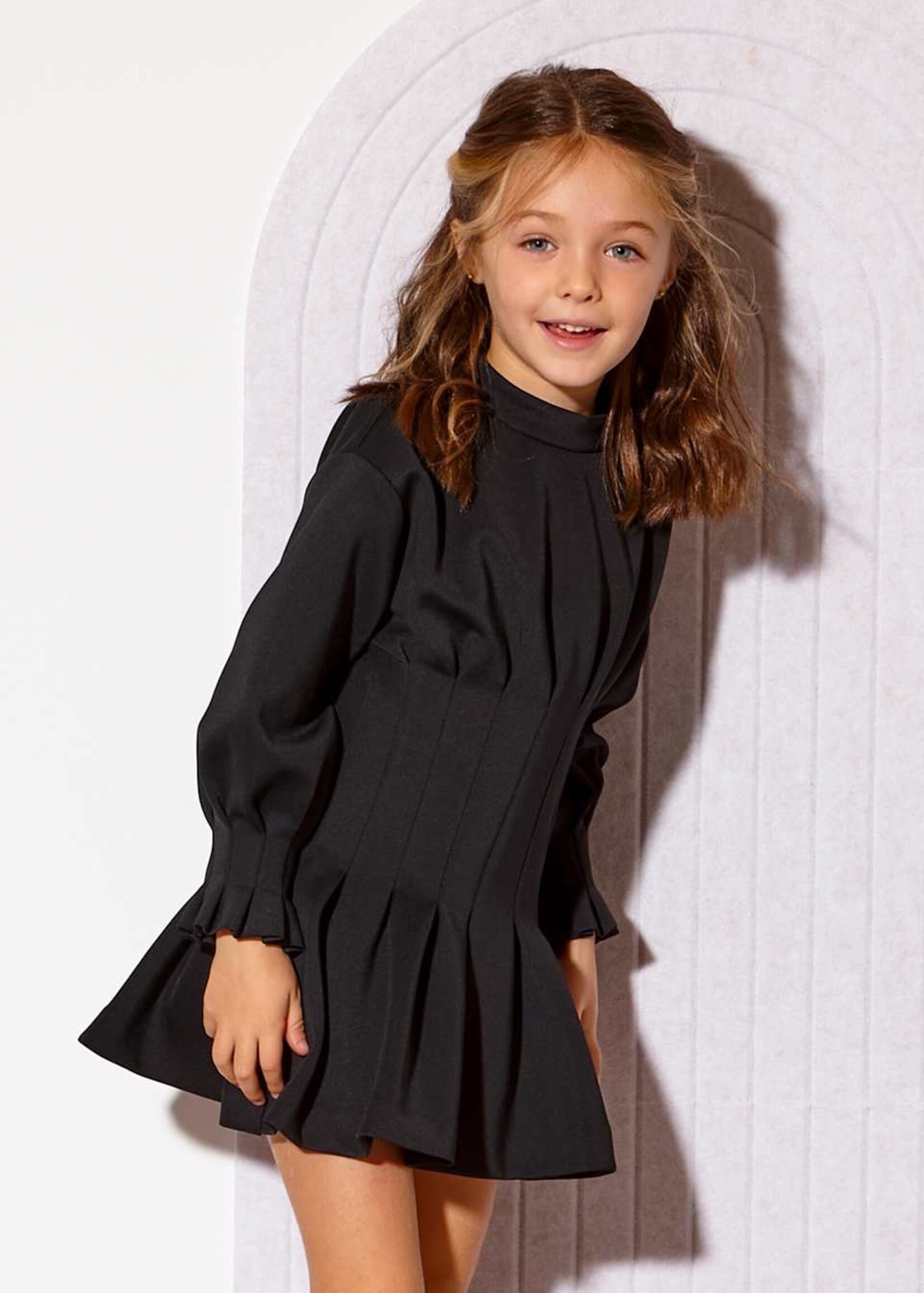 Abel & Lula Mock Neck Black Pleated Dress