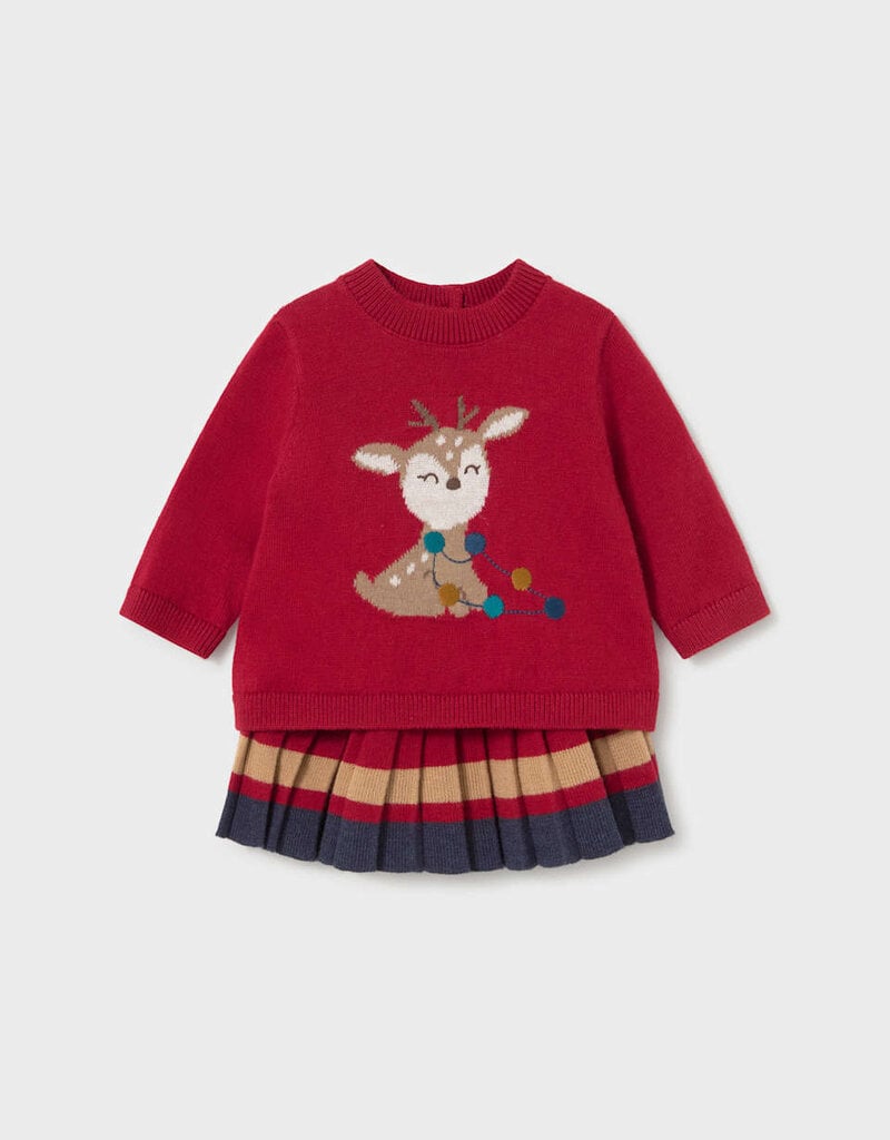 Mayoral Red Knit Skirt Reindeer Sweater Set
