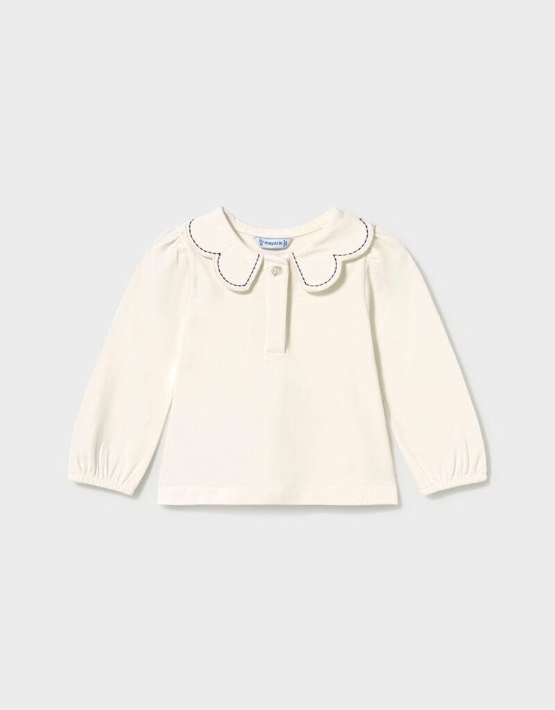 Mayoral L/S White Top w/Navy Trim Wave Collar