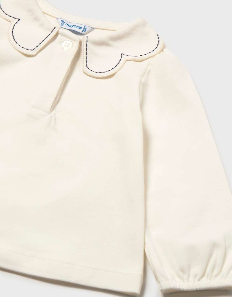 Mayoral L/S White Top w/Navy Trim Wave Collar