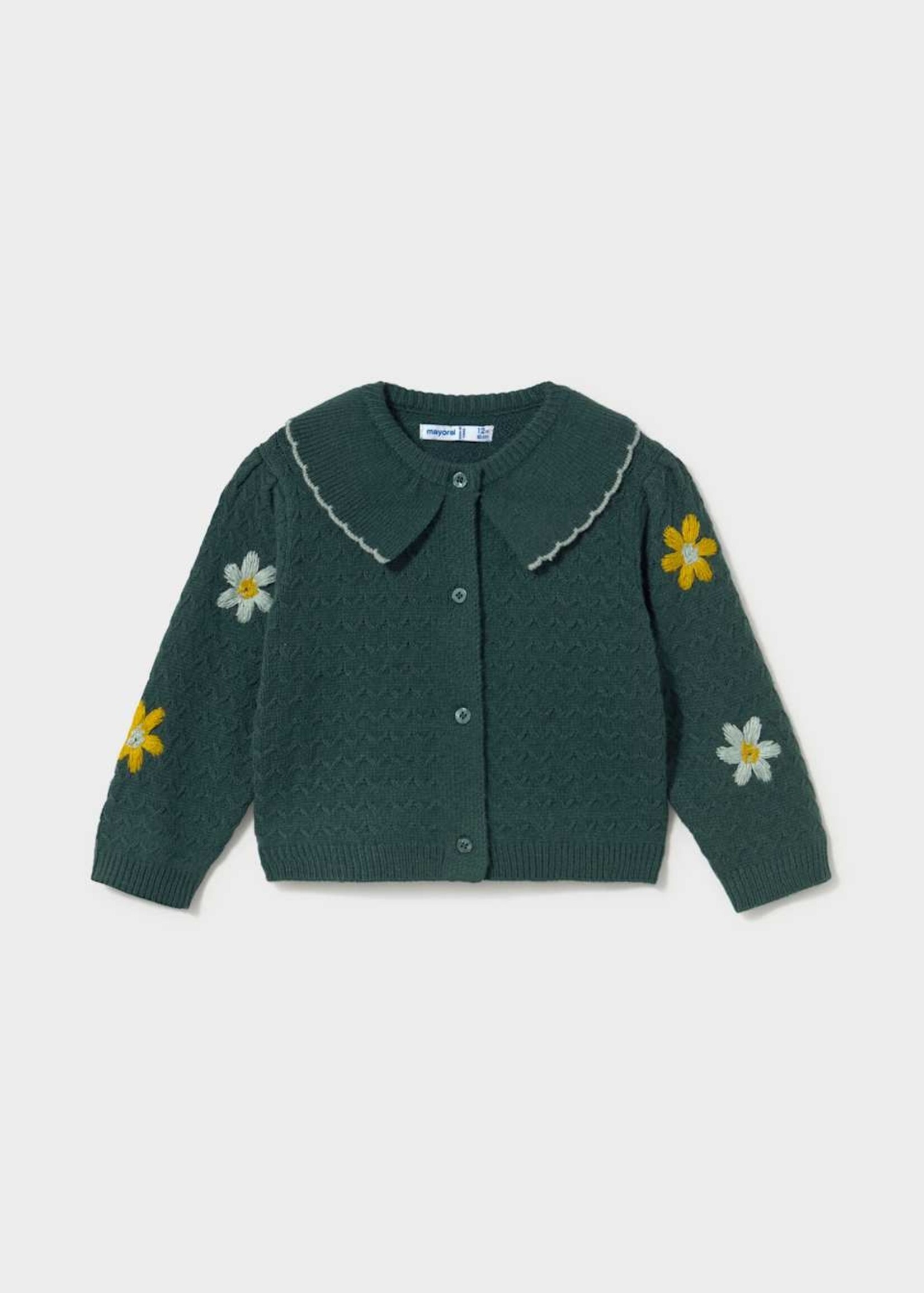 Mayoral Floral-Embroidered Green Cardigan