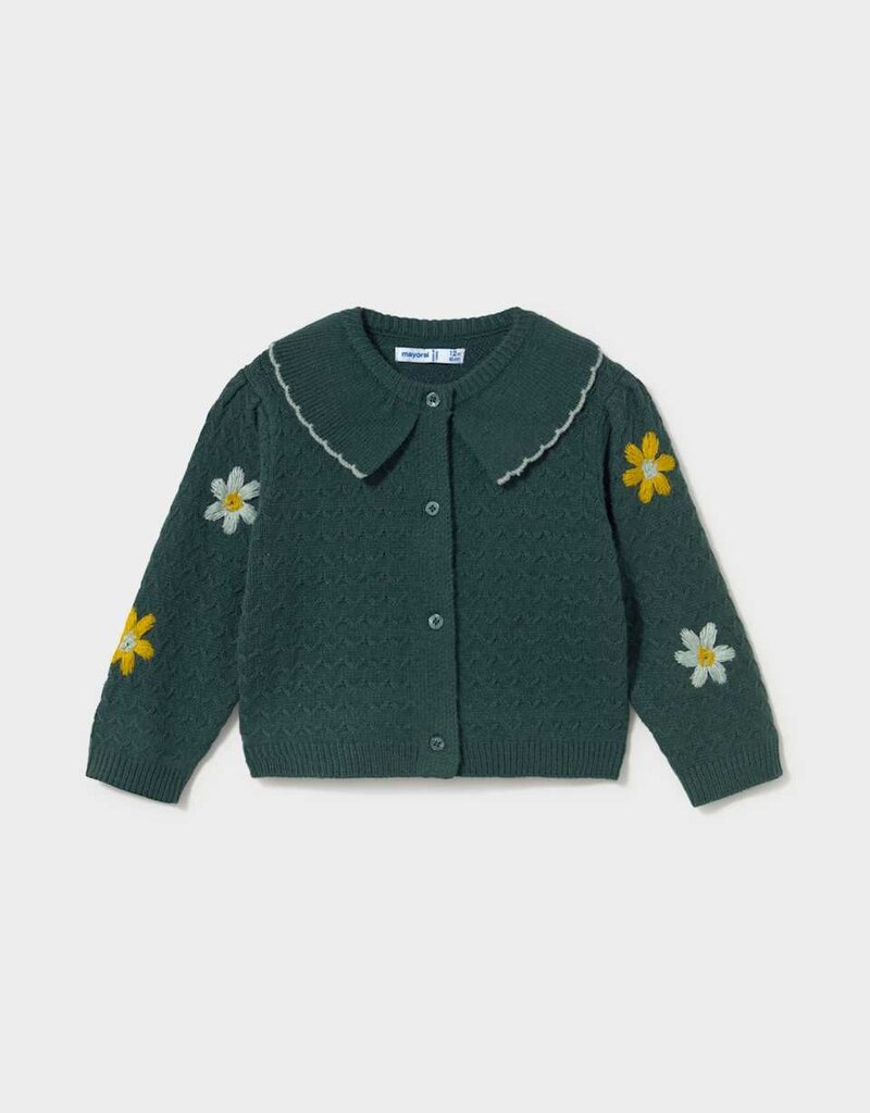 Mayoral Floral-Embroidered Green Cardigan